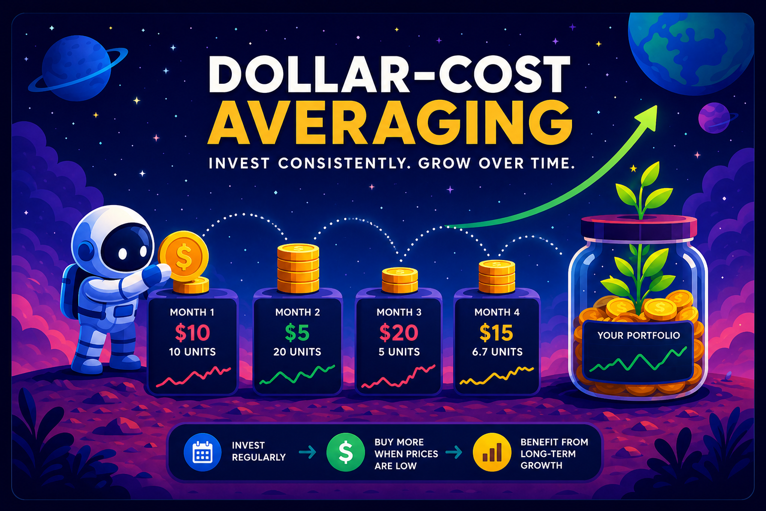 Illustrated investing concept showing regular monthly contributions building into a larger portfolio over time